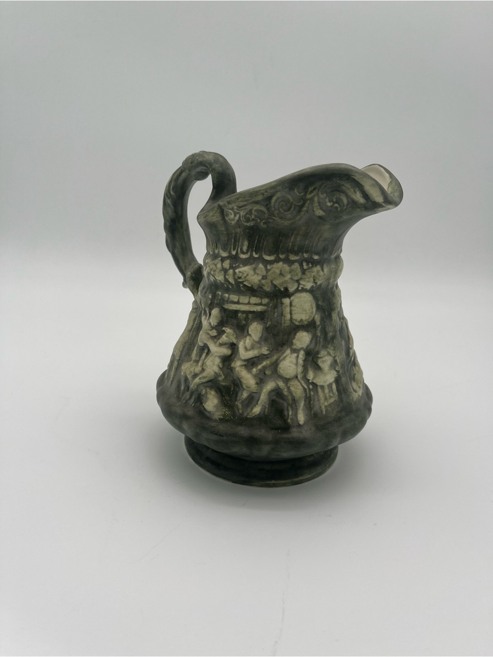 Vintage Decorative Relief Ceramic Pitcher Olive Green signed ‘63 witches pursuit